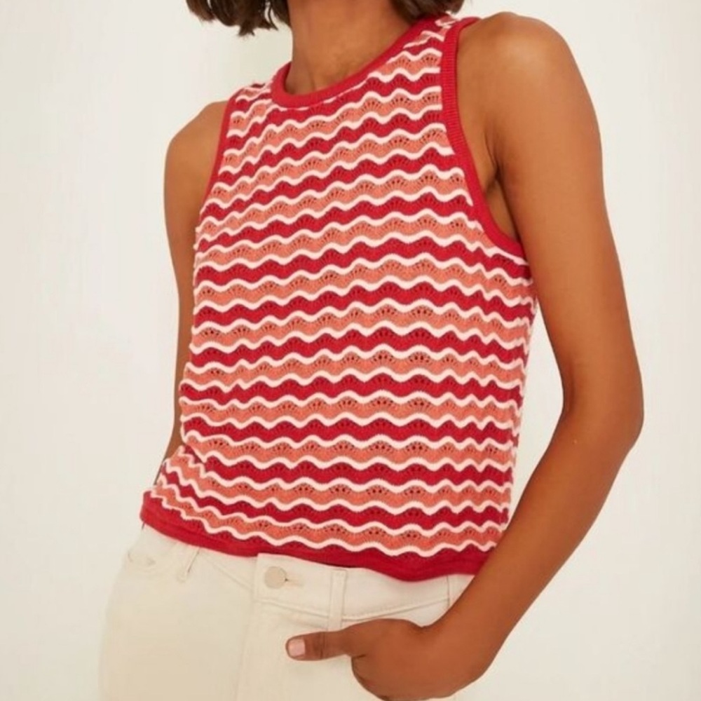 Marine Layer Coral Wave Stripe Crochet Knit Shell Tank Top Retro Summer Size S